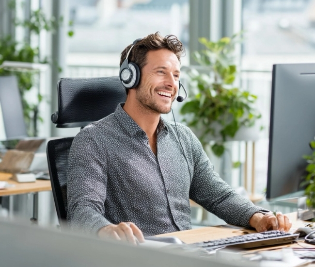 Man smiling at a computer screen